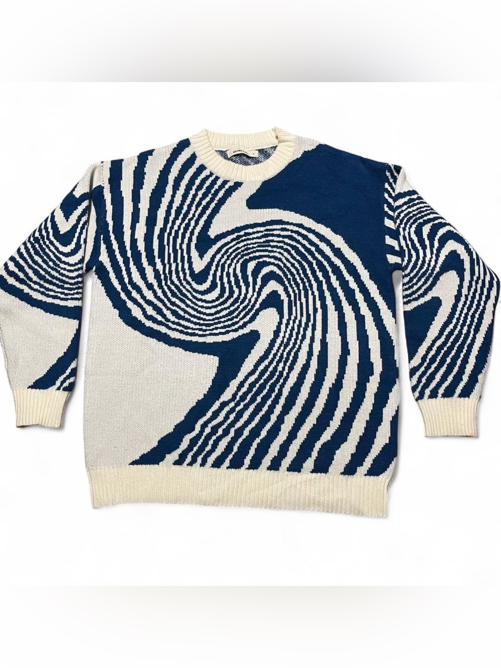 Aelfric Eden Sweater Mens S/M Ivory Blue Abstract Print Cable Knit Crew Pullover